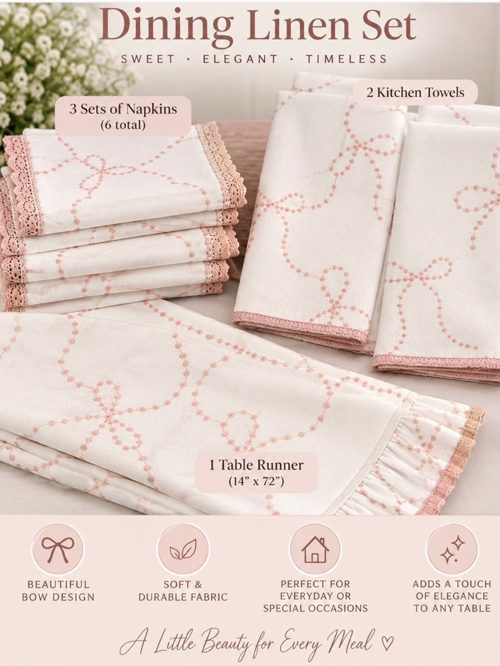 Dining Linen Set - Pink Embroidered Table Runner, Napkins & Towels